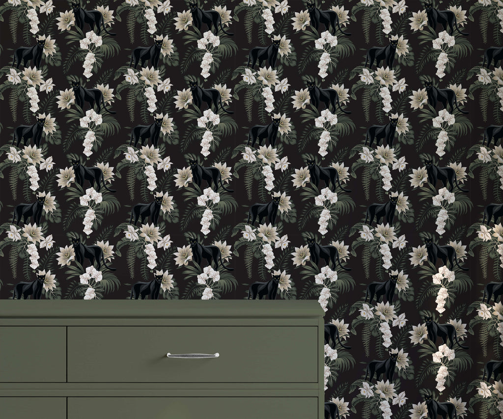 Black Panther Wallpaper with Ferns and Flowers