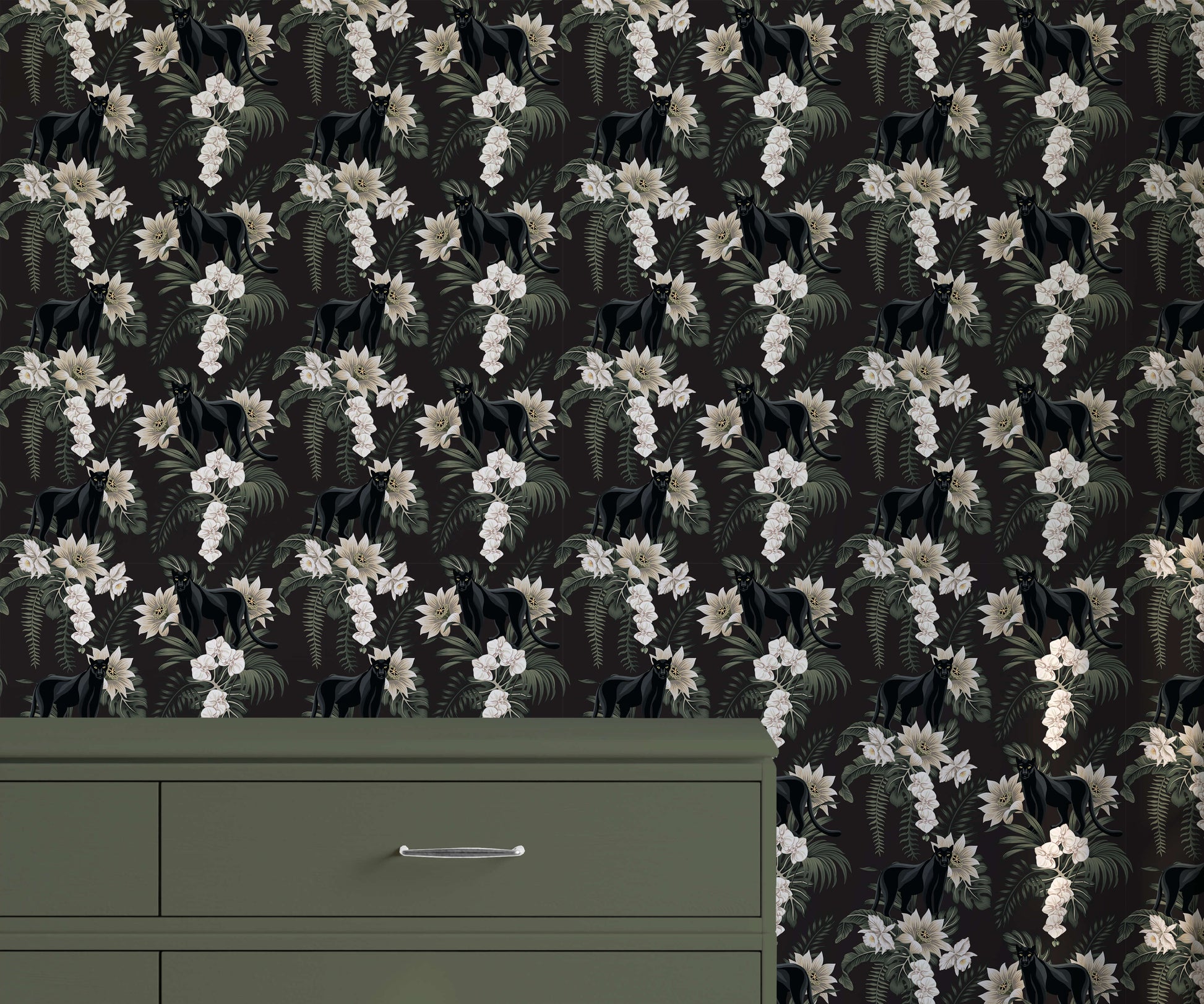 Black Panther Wallpaper with Ferns and Flowers