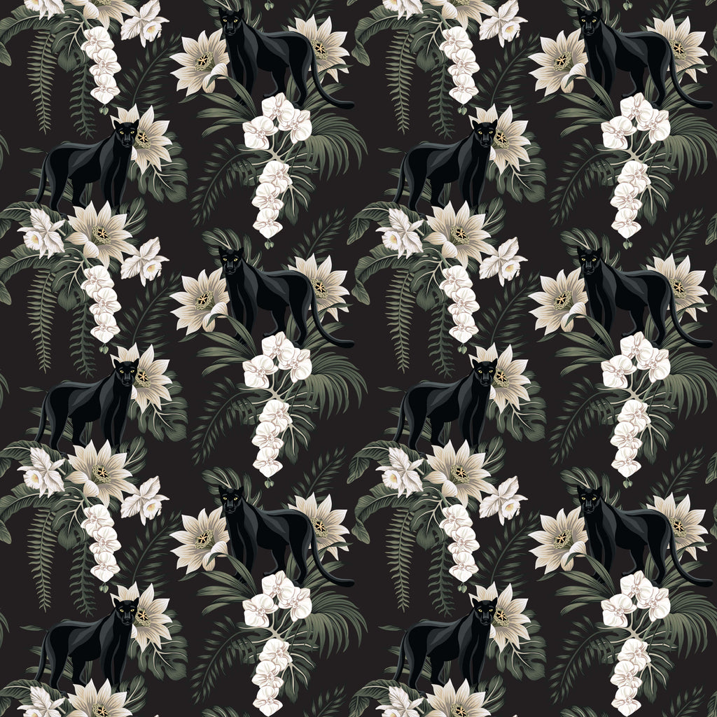 Black Panther Wallpaper with Ferns and Flowers