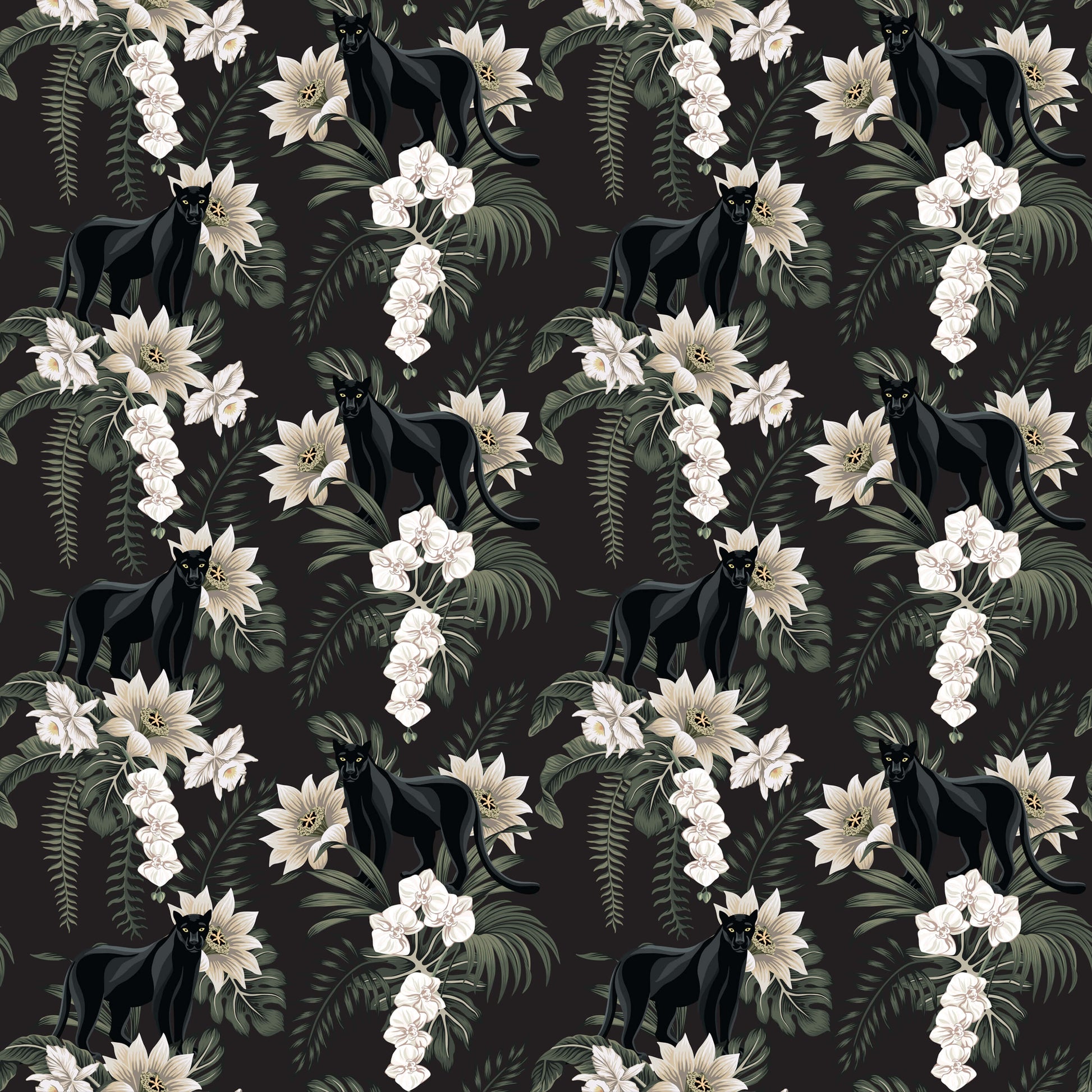Black Panther Wallpaper with Ferns and Flowers
