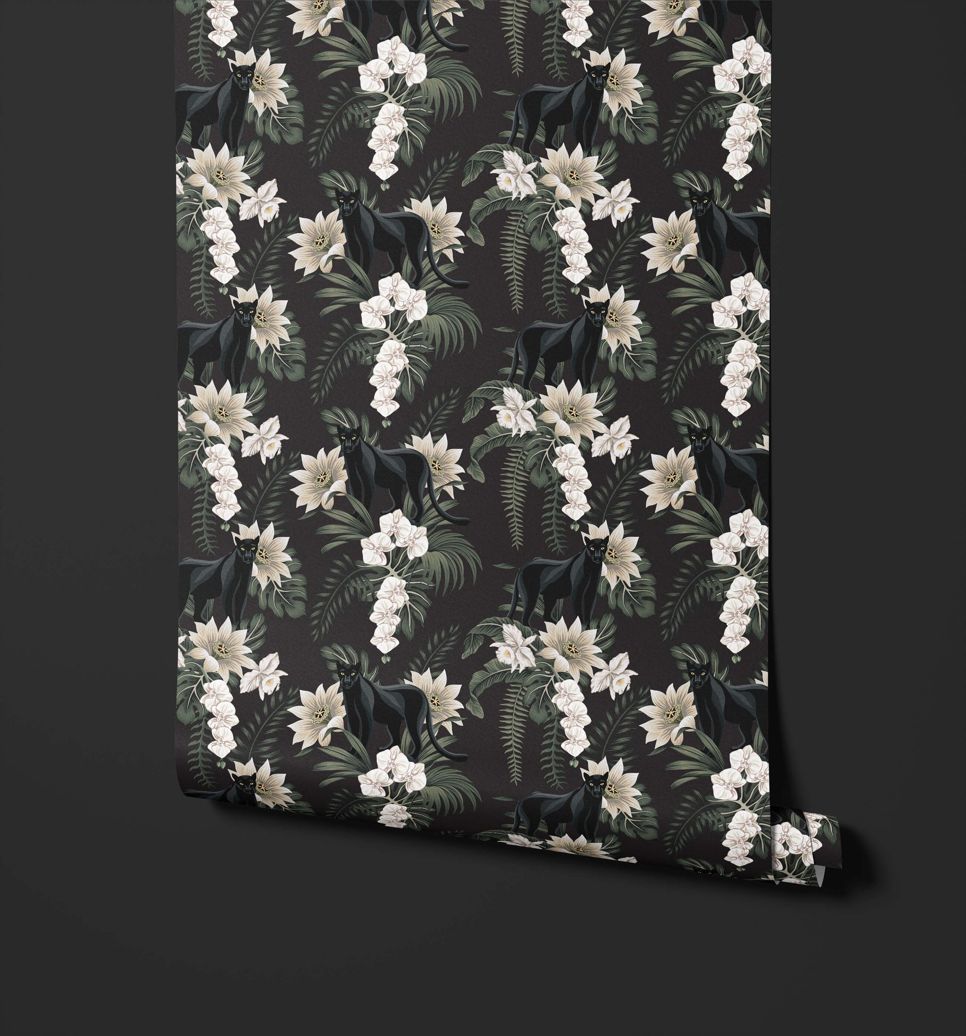 Black Panther Wallpaper with Ferns and Flowers