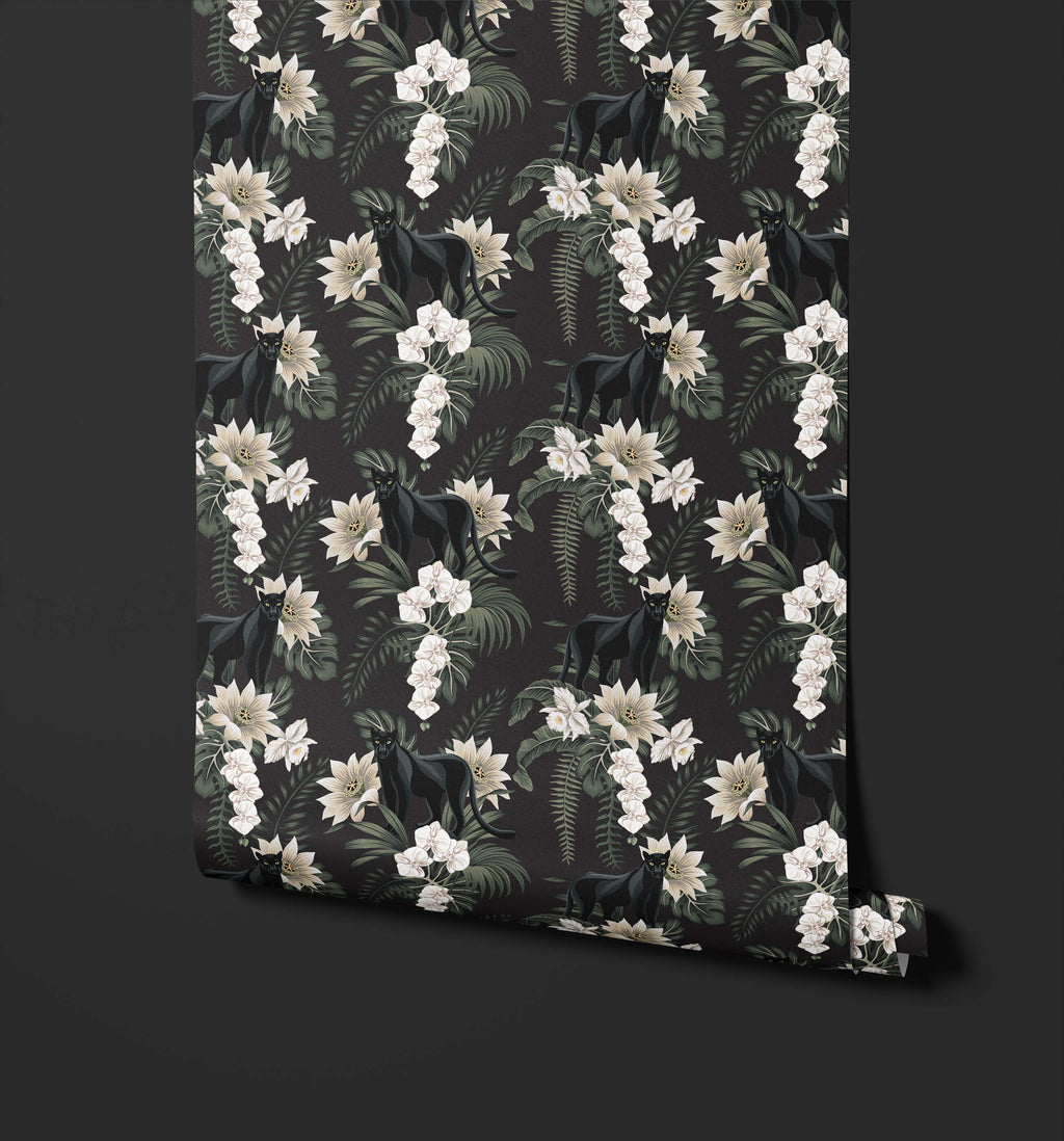 Black Panther Wallpaper with Ferns and Flowers