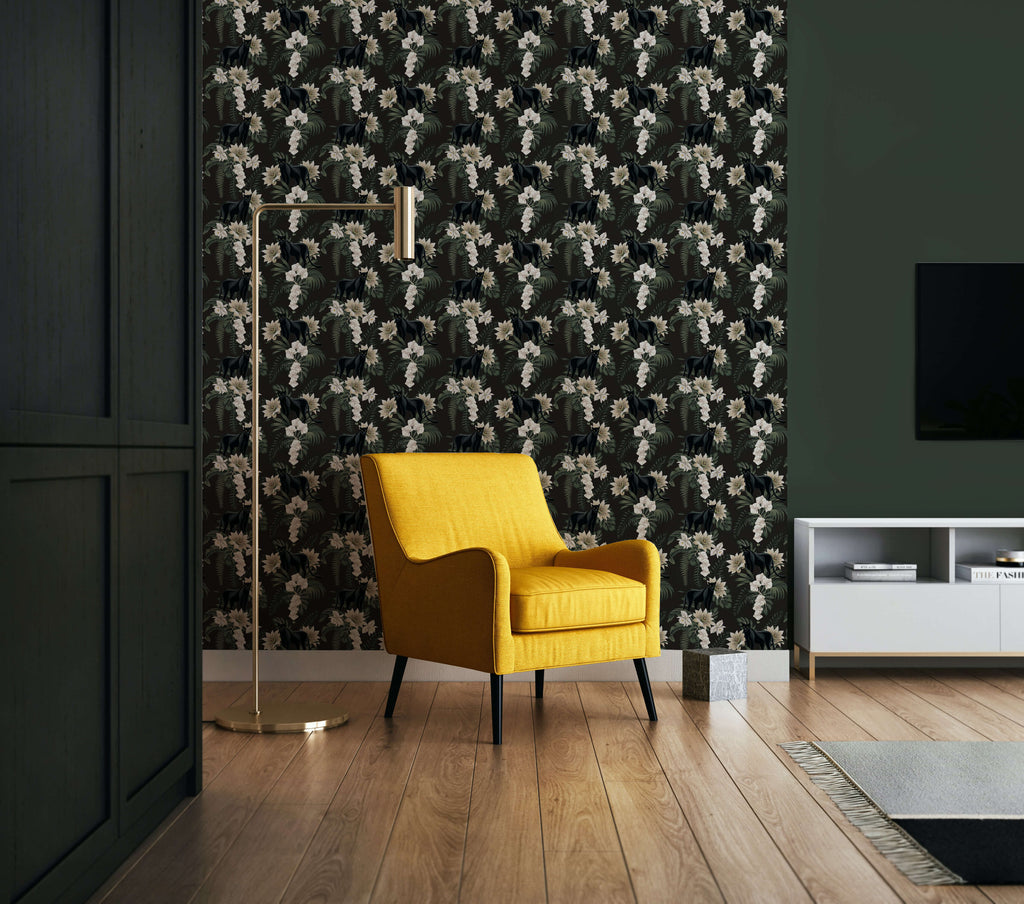 Black Panther Wallpaper with Ferns and Flowers