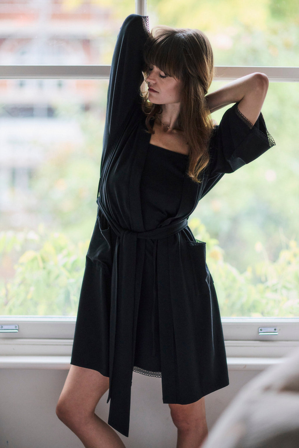 Black Modal Lace Trim Nightdress and Kimono Set