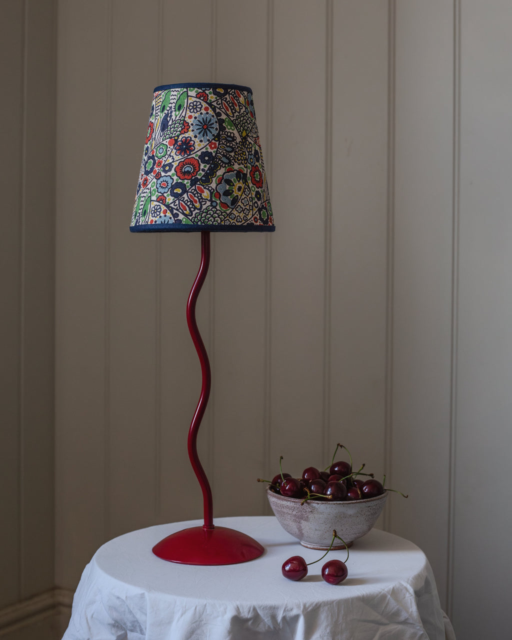 Woodblock Linen Lampshade with Blue Trim