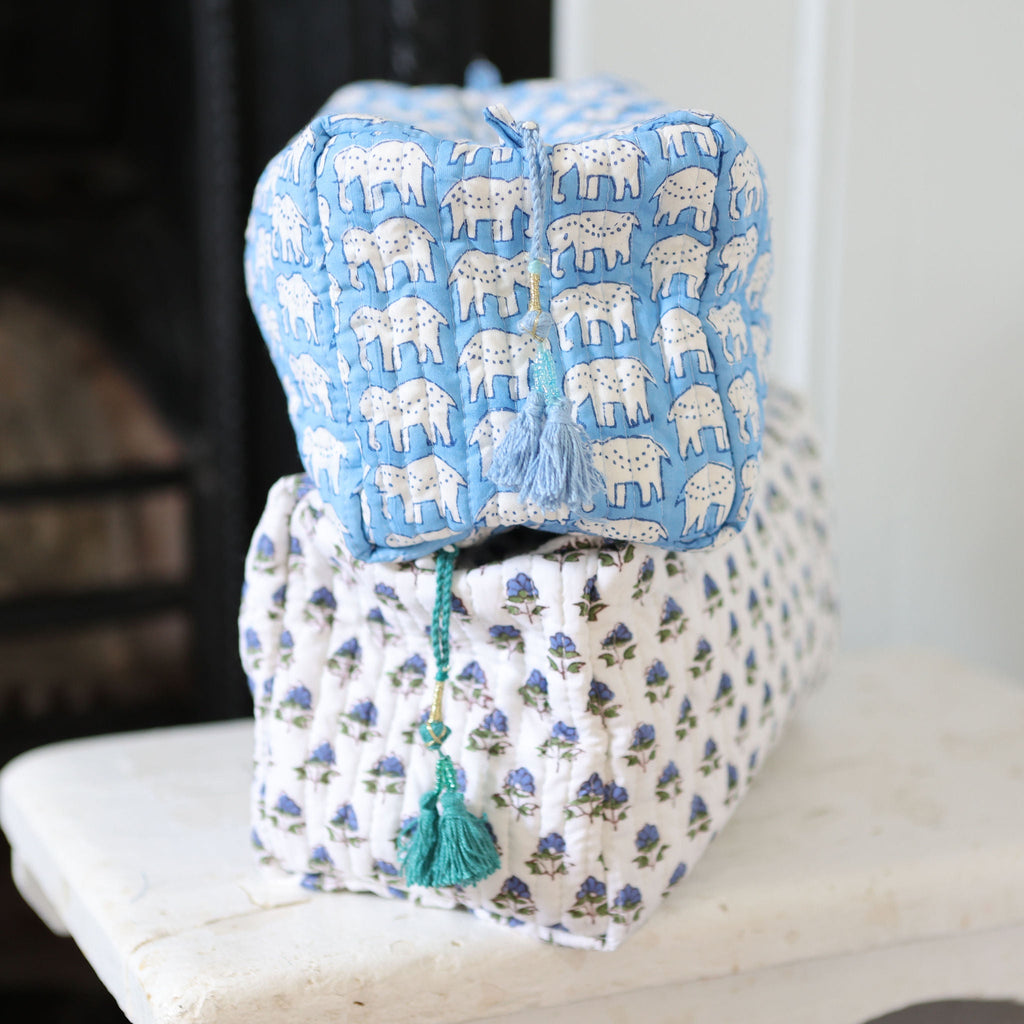 Blue Elephant Wash Bag in Hand Block Print Cotton