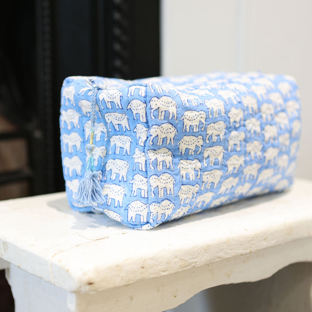 Blue Elephant Wash Bag in Hand Block Print Cotton
