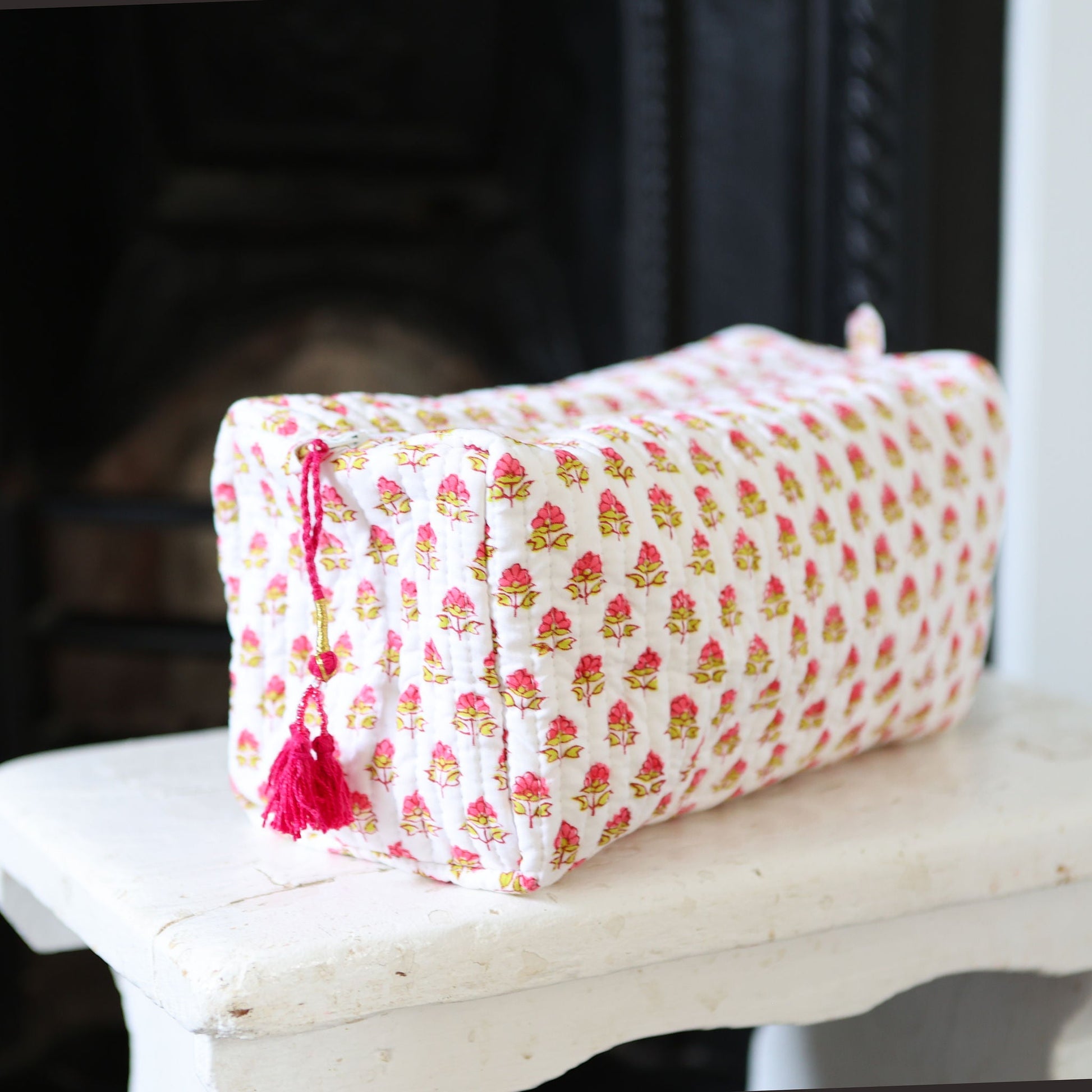 Pink Flower Wash Bag in Block Print Cotton with Waterproof Lining