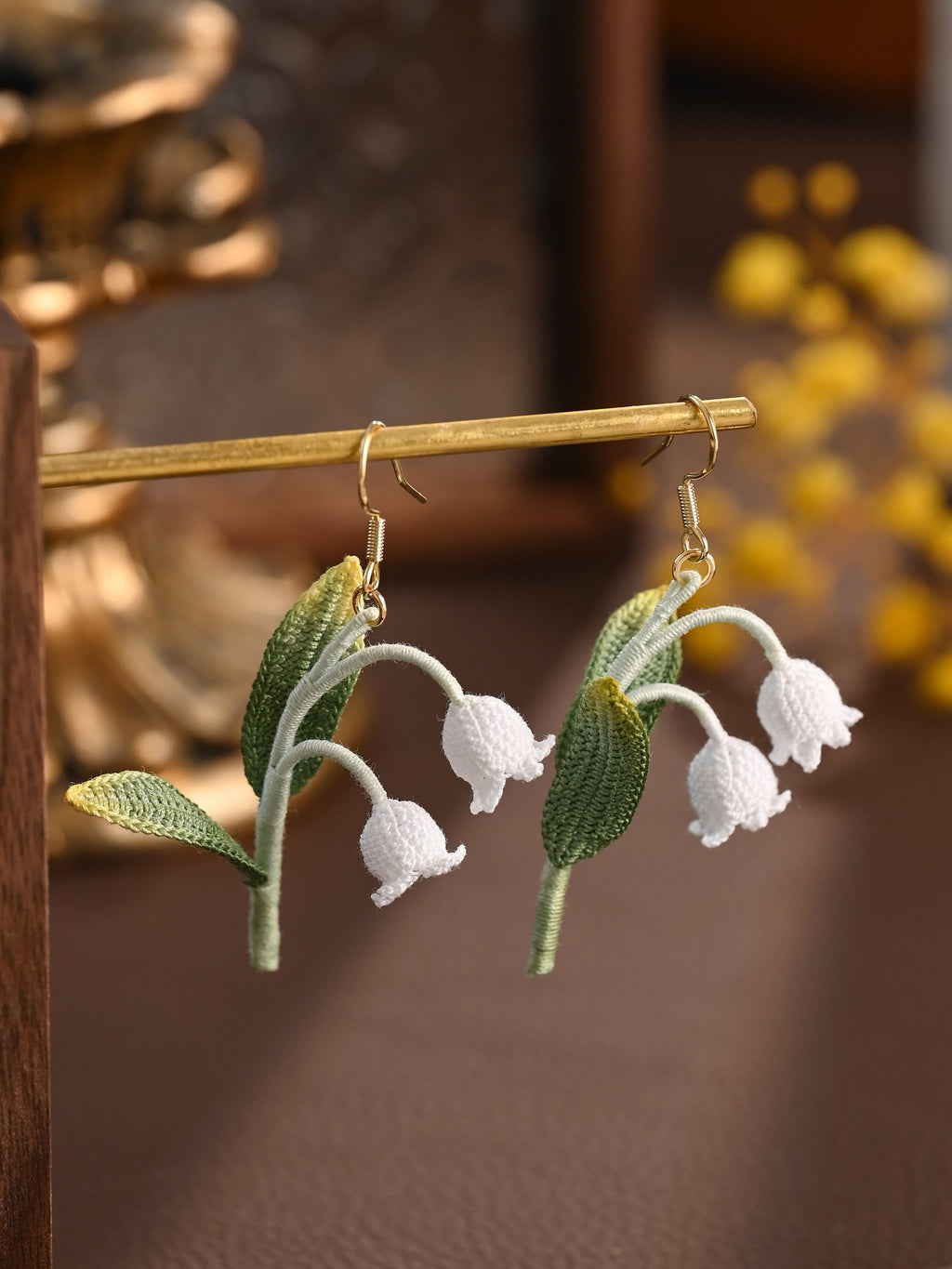 Lily of the Valley Micro Crochet Earrings with Big Leaves