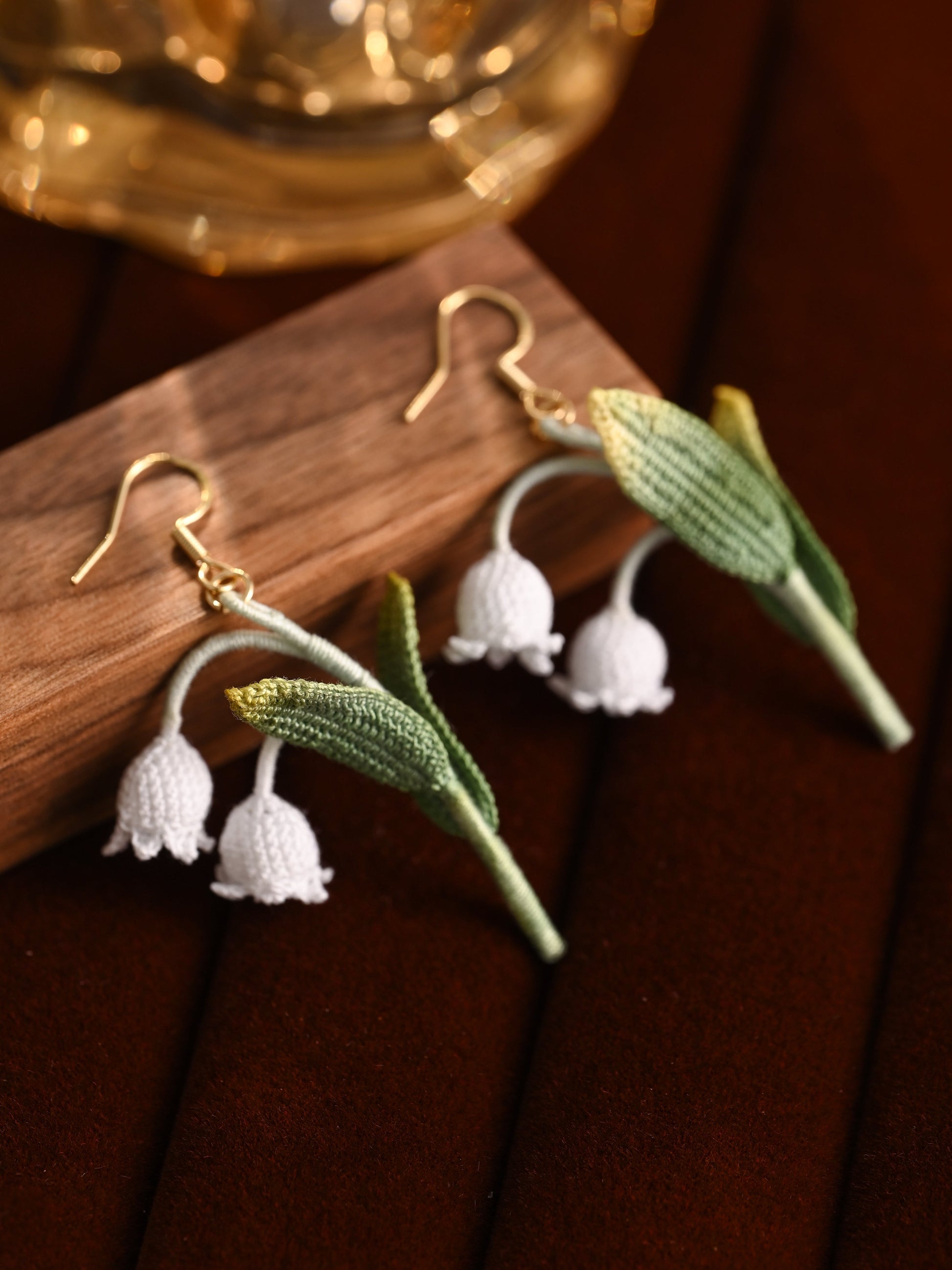 Lily of the Valley Micro Crochet Earrings with Big Leaves