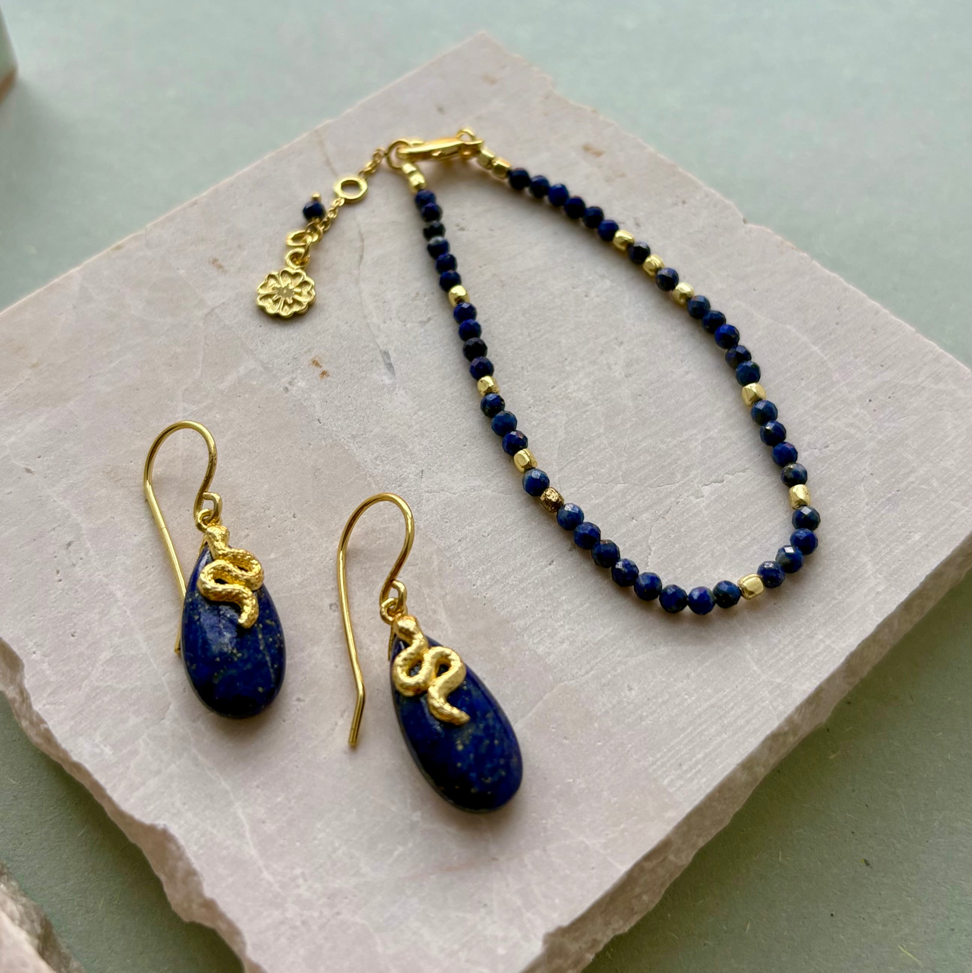 Lapis and Gold Bead Bracelet Adjustable