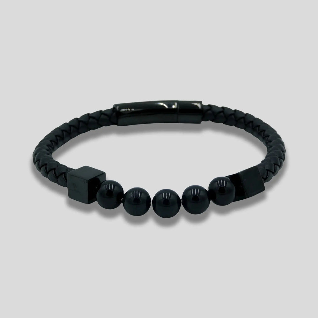 Black Braided Leather Bracelet with Onyx Beads
