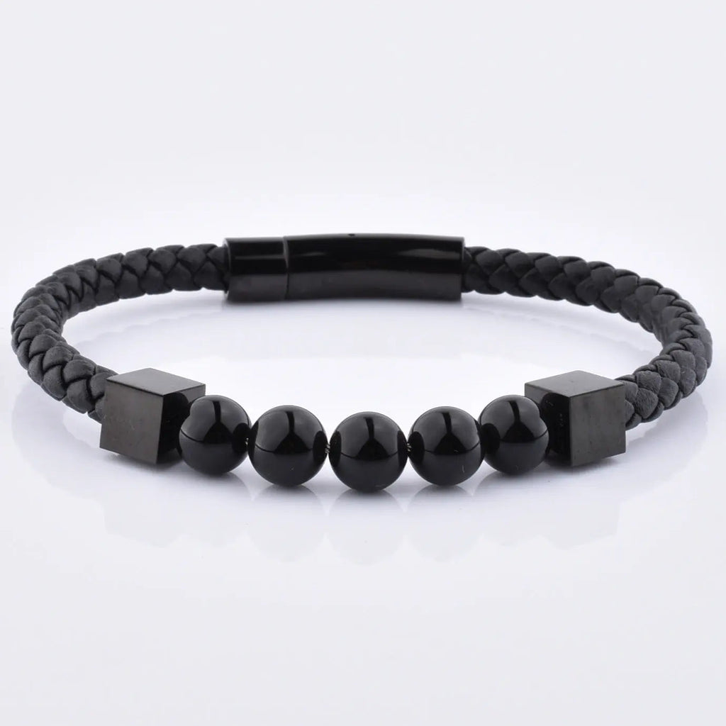 Black Braided Leather Bracelet with Onyx Beads