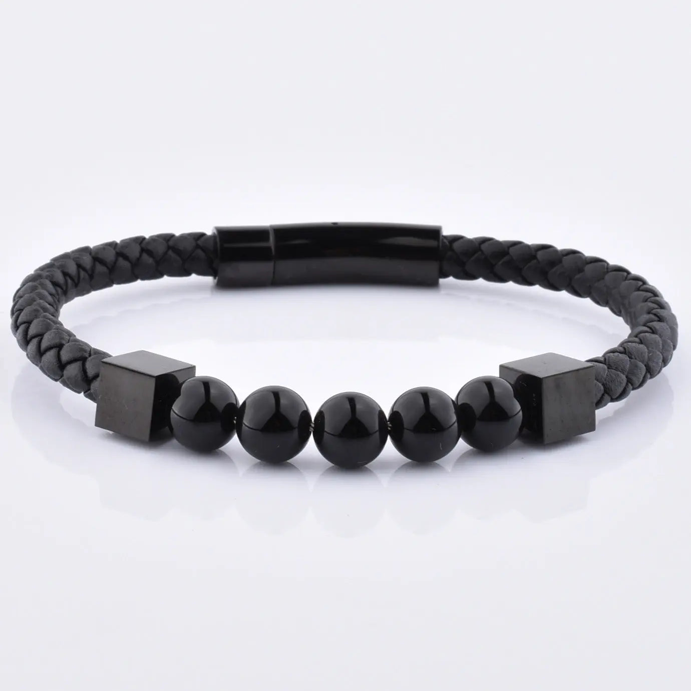 Black Braided Leather Bracelet with Onyx Beads