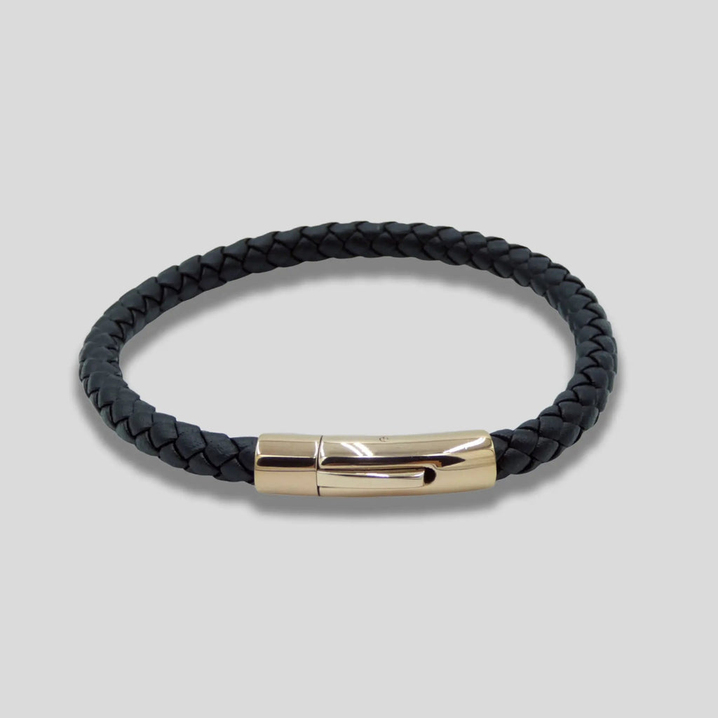 Black Leather Braided Bracelet with Rose Gold Clasp