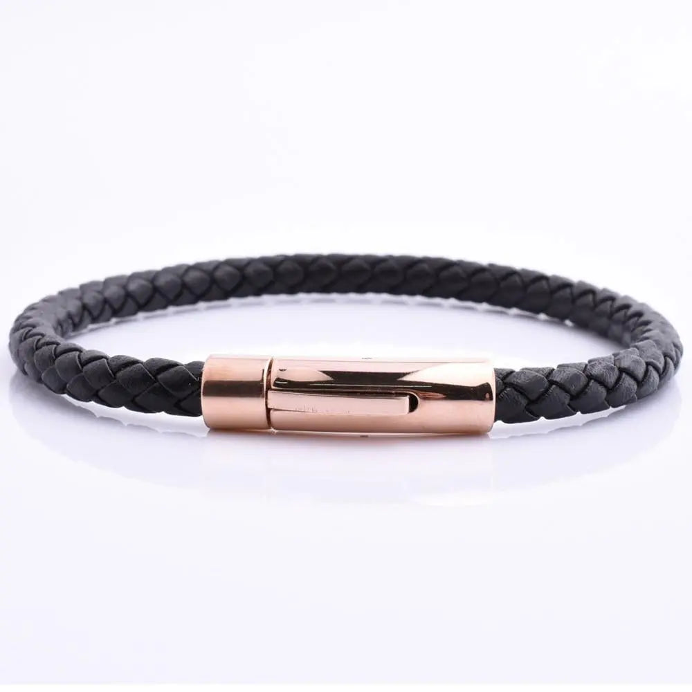 Black Leather Braided Bracelet with Rose Gold Clasp