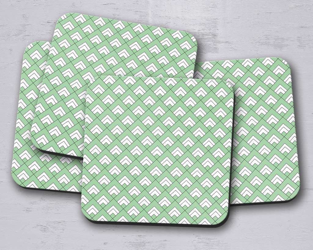 Green and White Geometric Tiles Coasters Set of 4