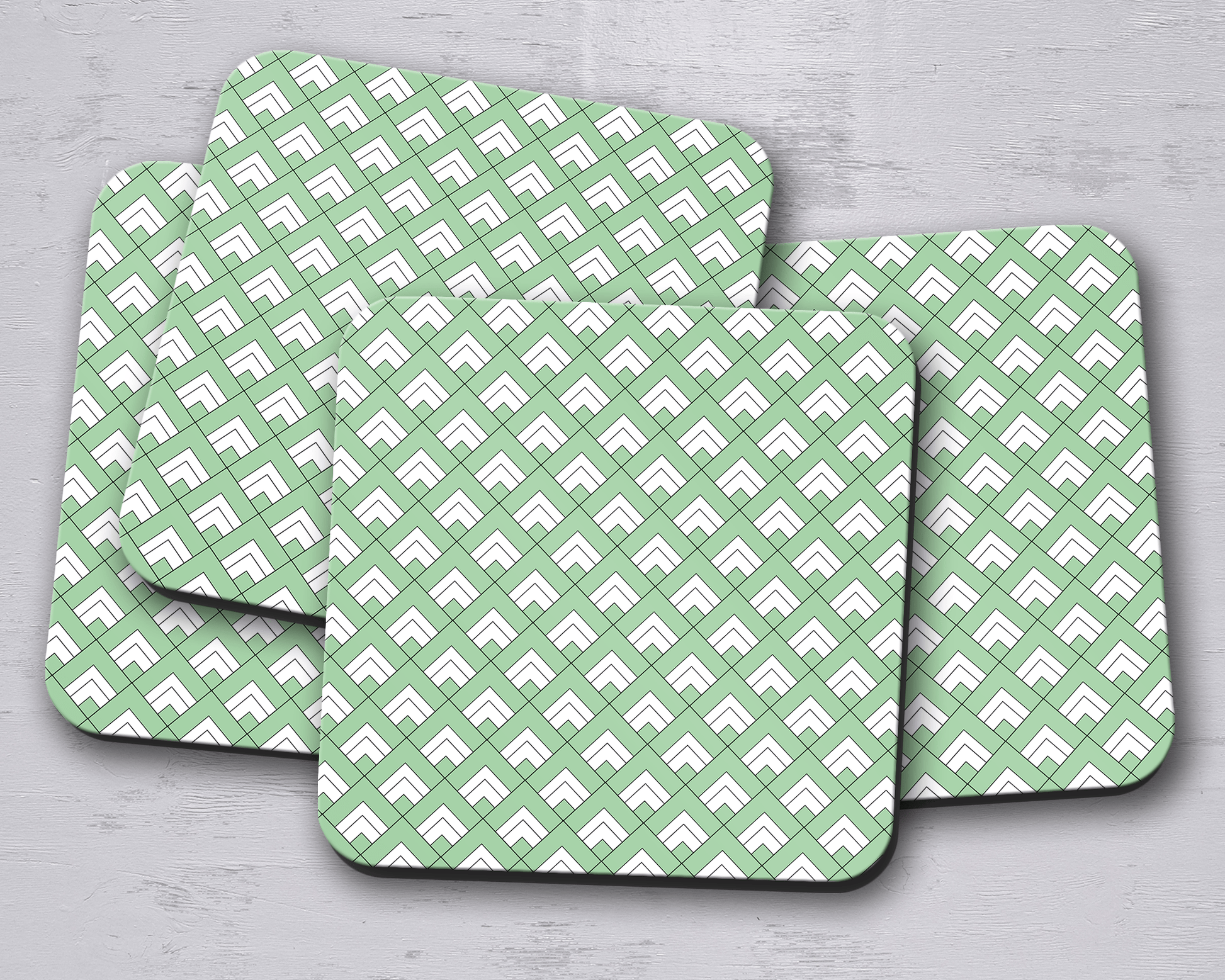 Green and White Geometric Tiles Coasters Set of 4