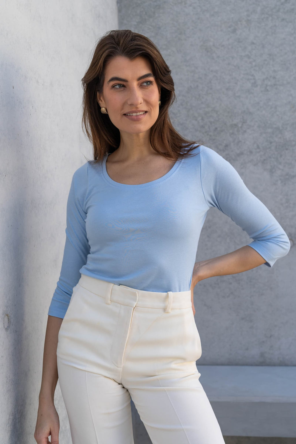 Three Quarter Sleeve Scoop Neck Cotton Modal Blend Tee