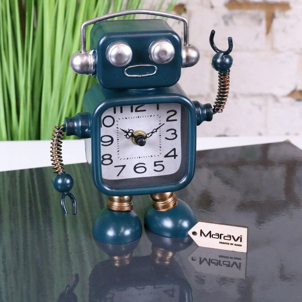 Retro Robot Desk Clock in Teal Blue