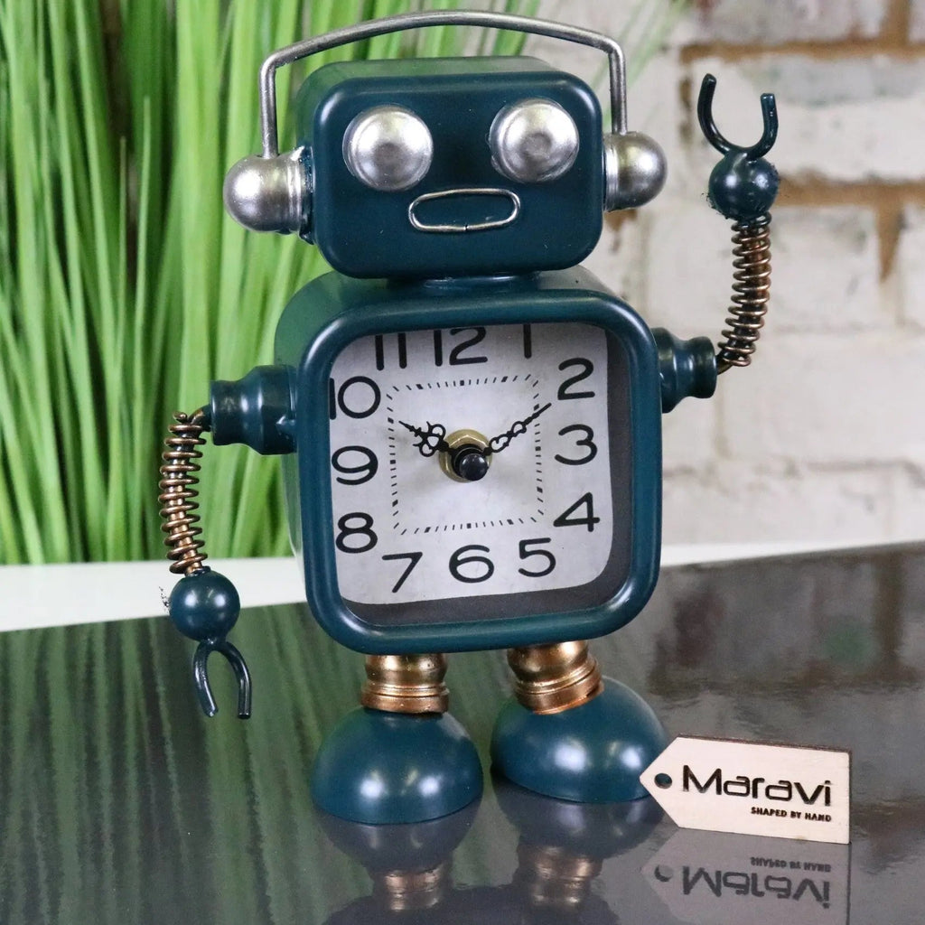 Retro Robot Desk Clock in Teal Blue
