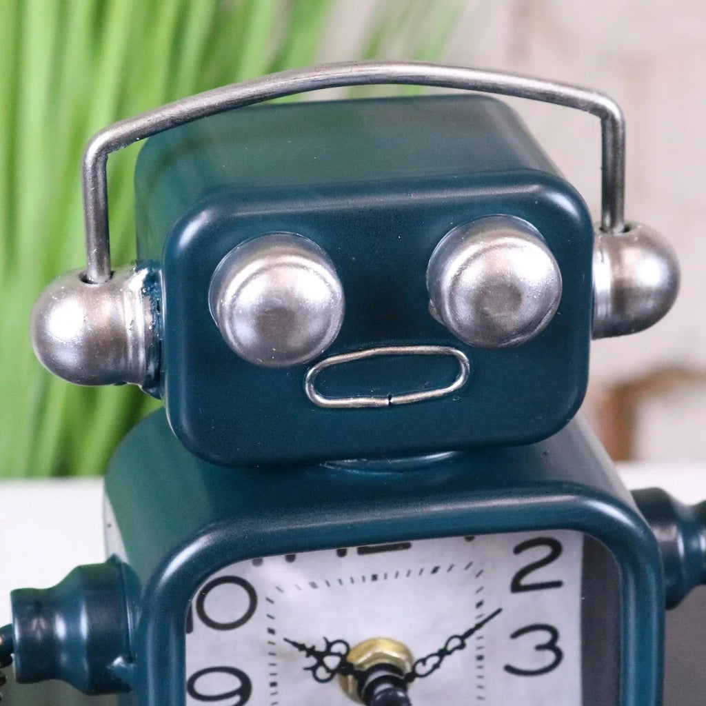 Retro Robot Desk Clock in Teal Blue