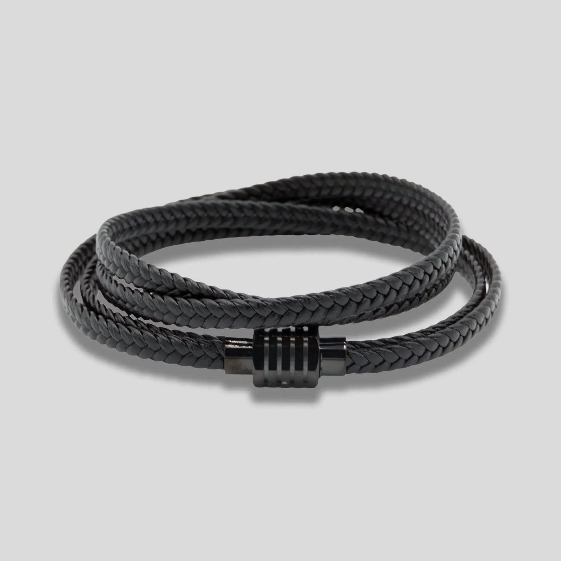 Long Black Braided Leather Bracelet with Stainless Steel Clasp