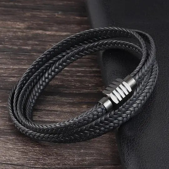 Long Black Braided Leather Bracelet with Stainless Steel Clasp