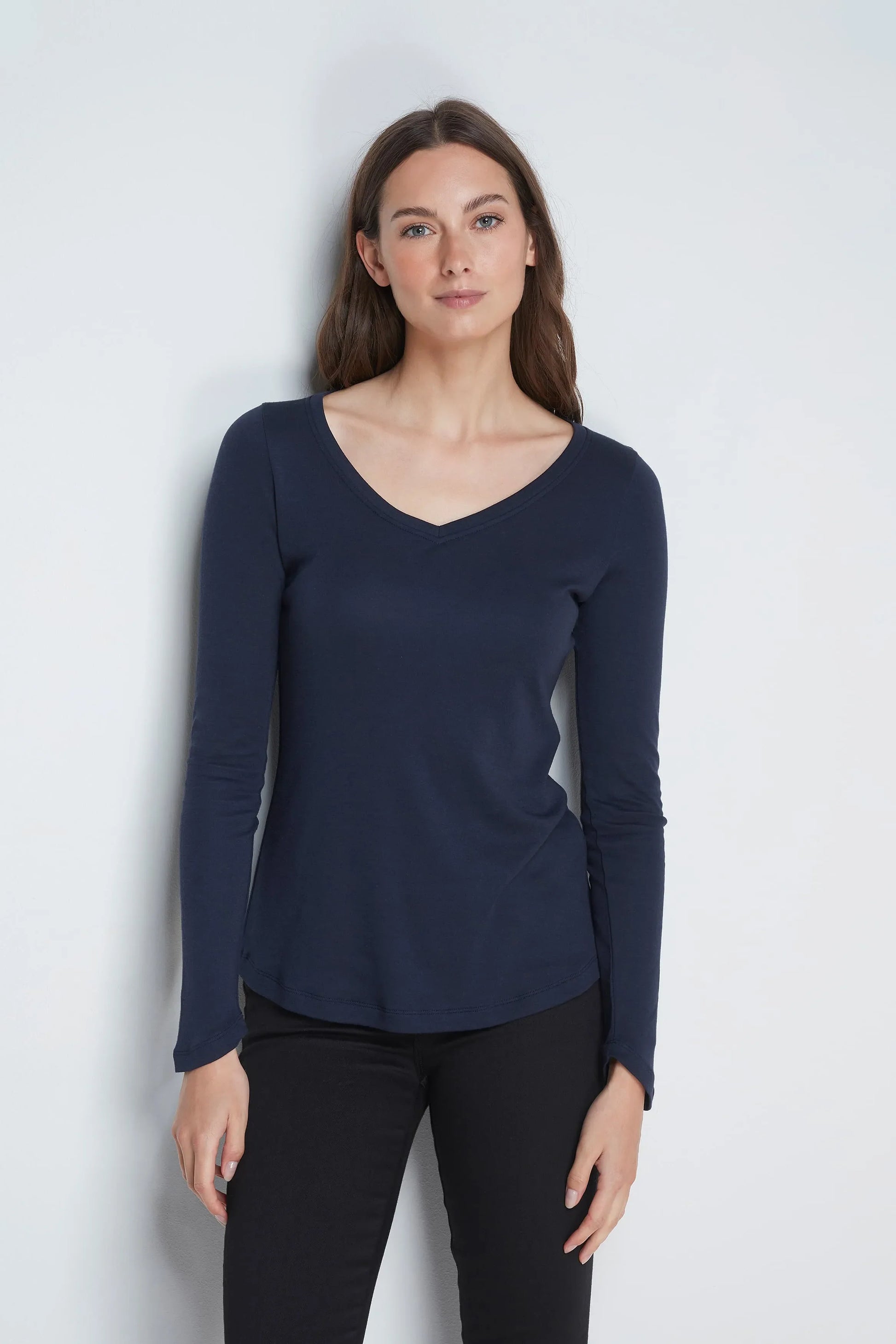 Long Sleeve V Neck Cotton Modal Blend T-shirt
