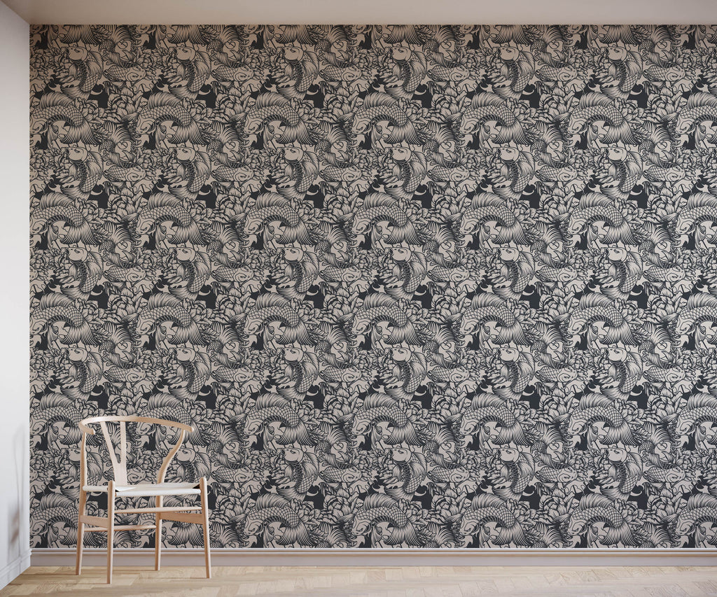 Koi Carp Statement Wallpaper in Black and White