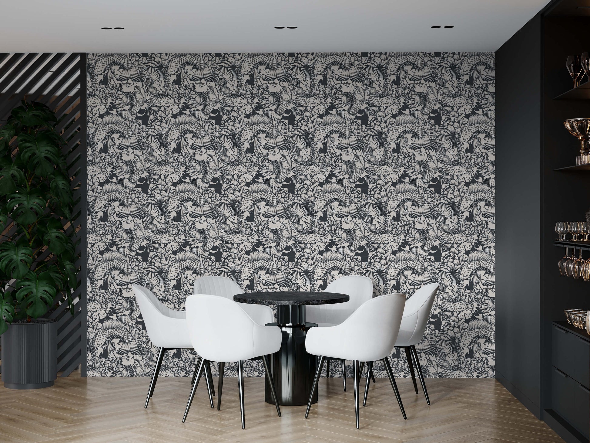 Koi Carp Statement Wallpaper in Black and White