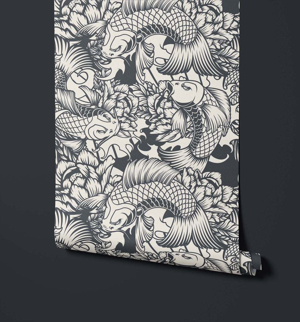 Koi Carp Statement Wallpaper in Black and White