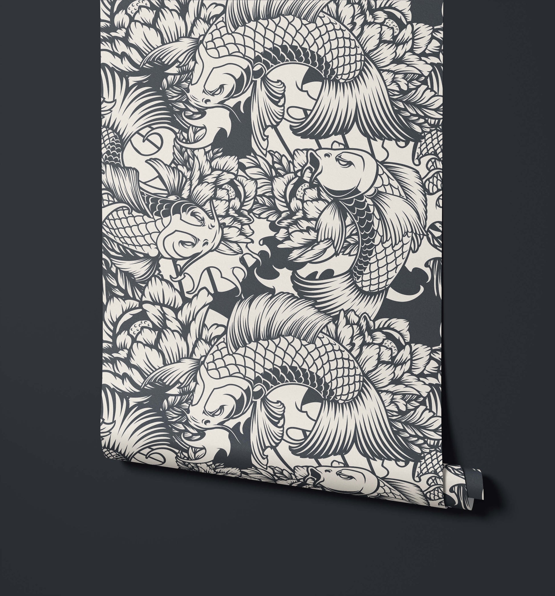 Koi Carp Statement Wallpaper in Black and White