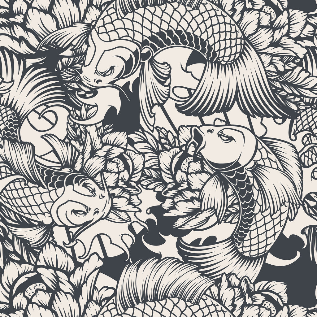 Koi Carp Statement Wallpaper in Black and White