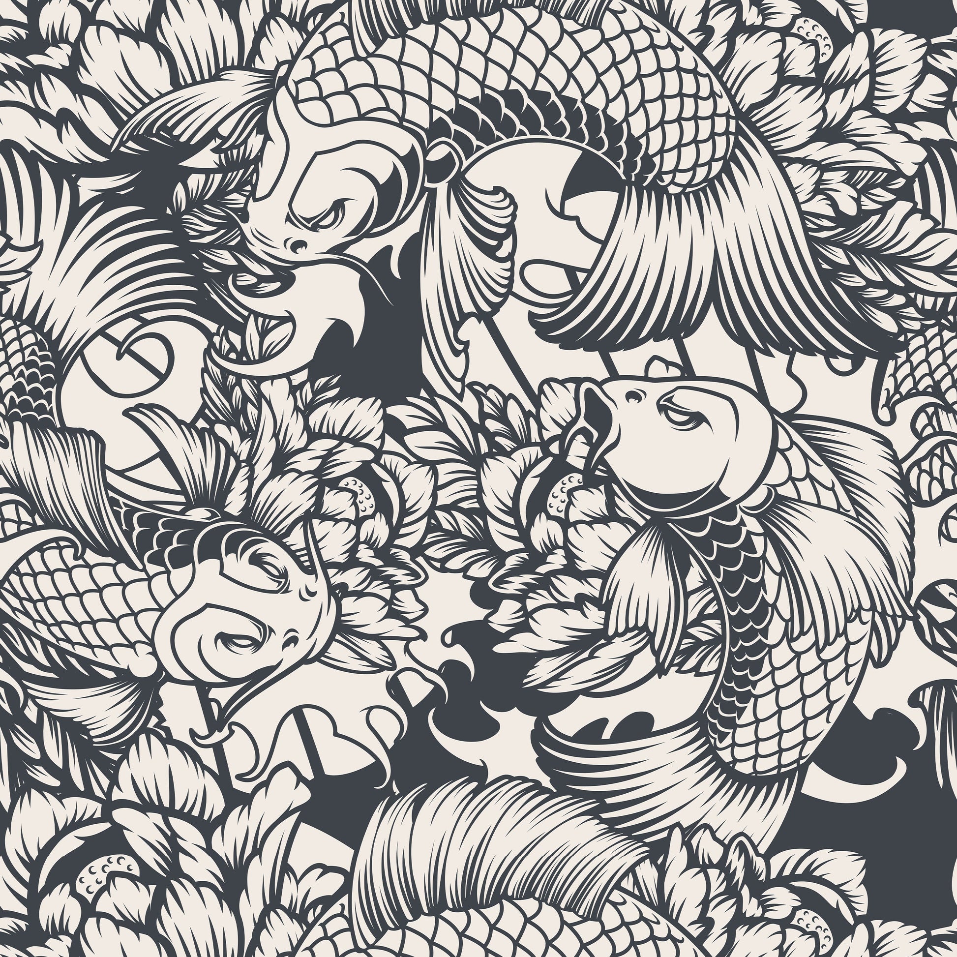 Koi Carp Statement Wallpaper in Black and White