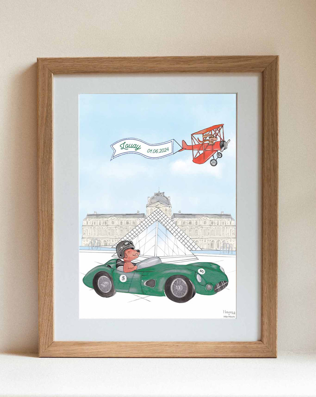 Personalised Green Sports Car Dog Driving Nursery Print