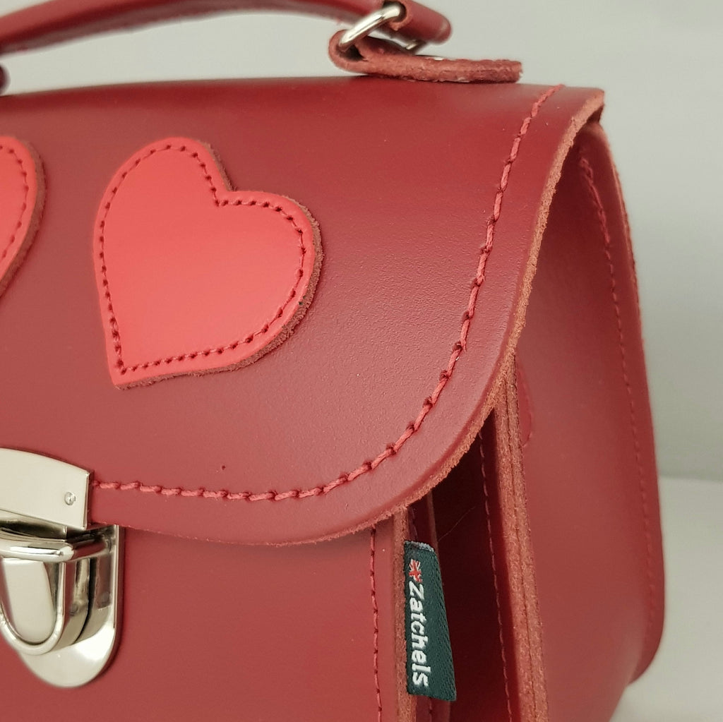 Luna Handmade Leather Bag in Red with Love Hearts