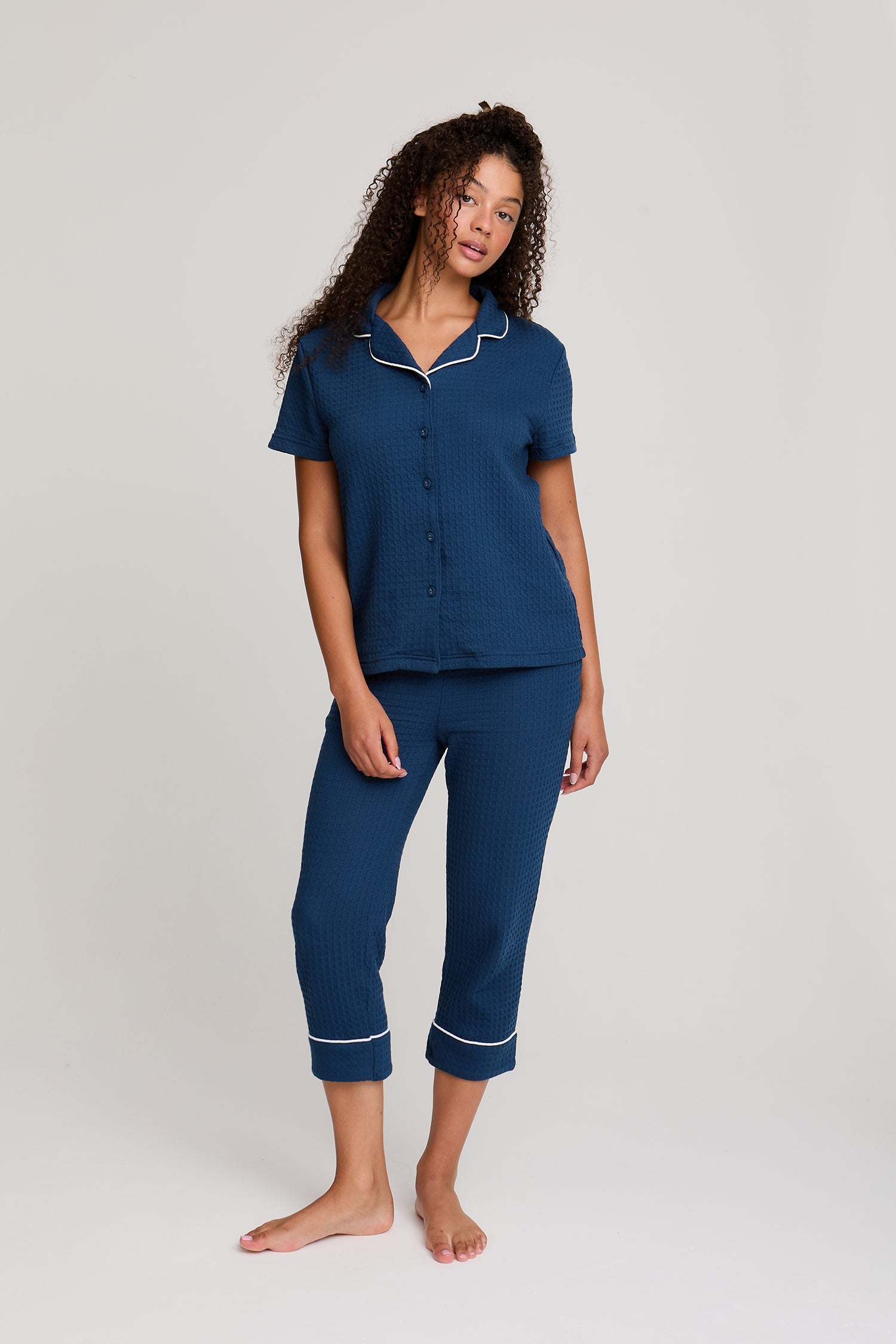 Luxury Suite Waffle Short Shirt Trouser Set in Marine Blue