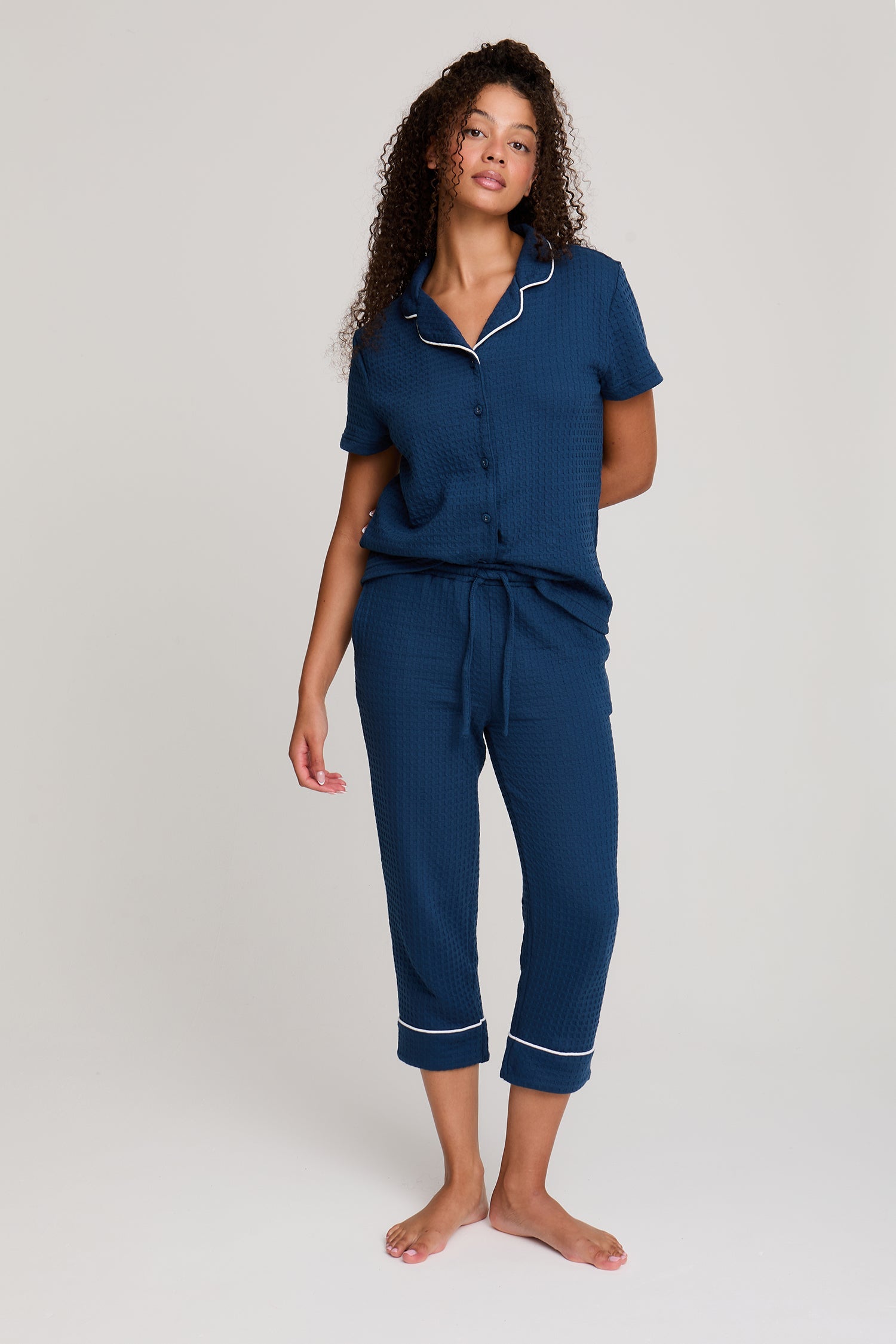 Luxury Suite Waffle Short Shirt Trouser Set in Marine Blue