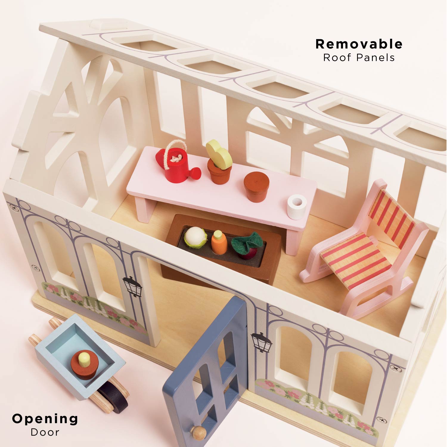 Wooden Dolls House Conservatory Playset with Garden Accessories