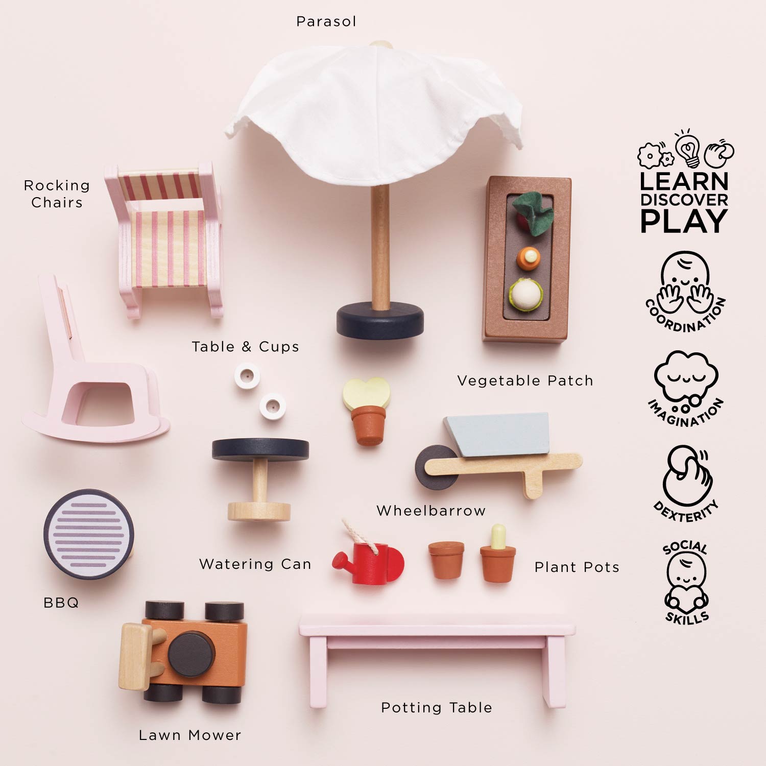 Wooden Dolls House Conservatory Playset with Garden Accessories