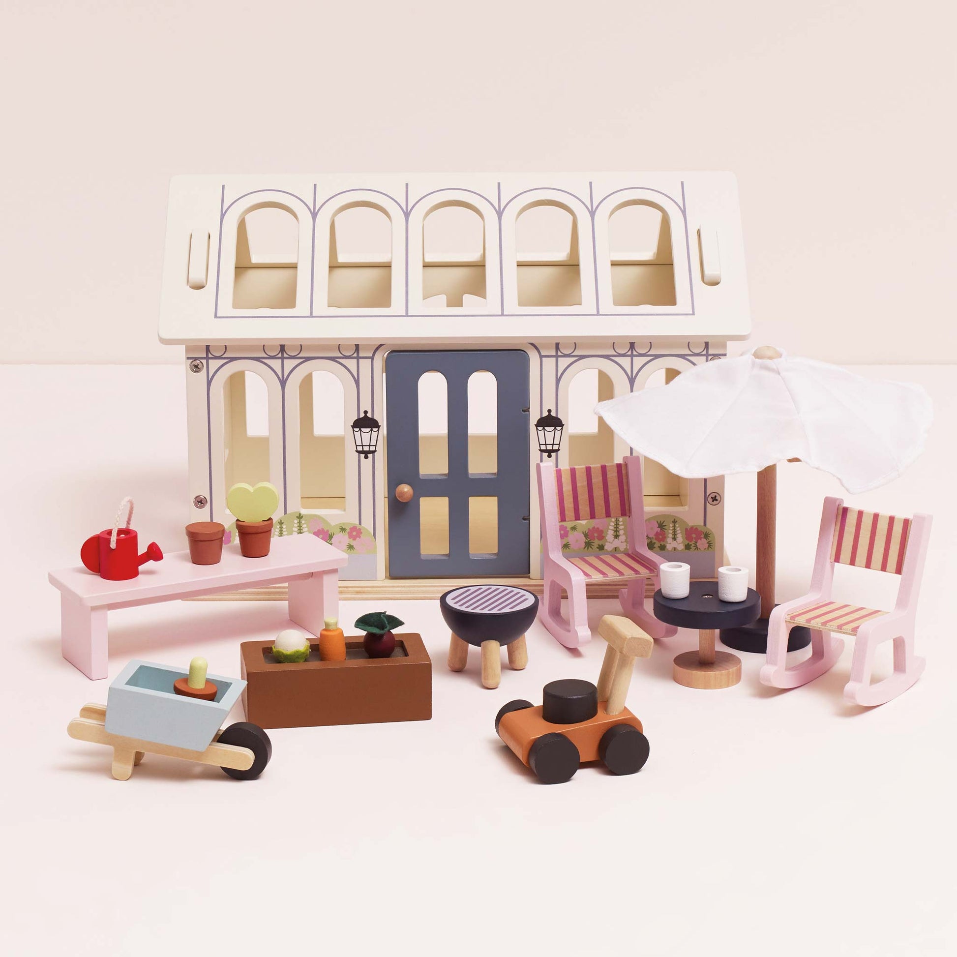 Wooden Dolls House Conservatory Playset with Garden Accessories