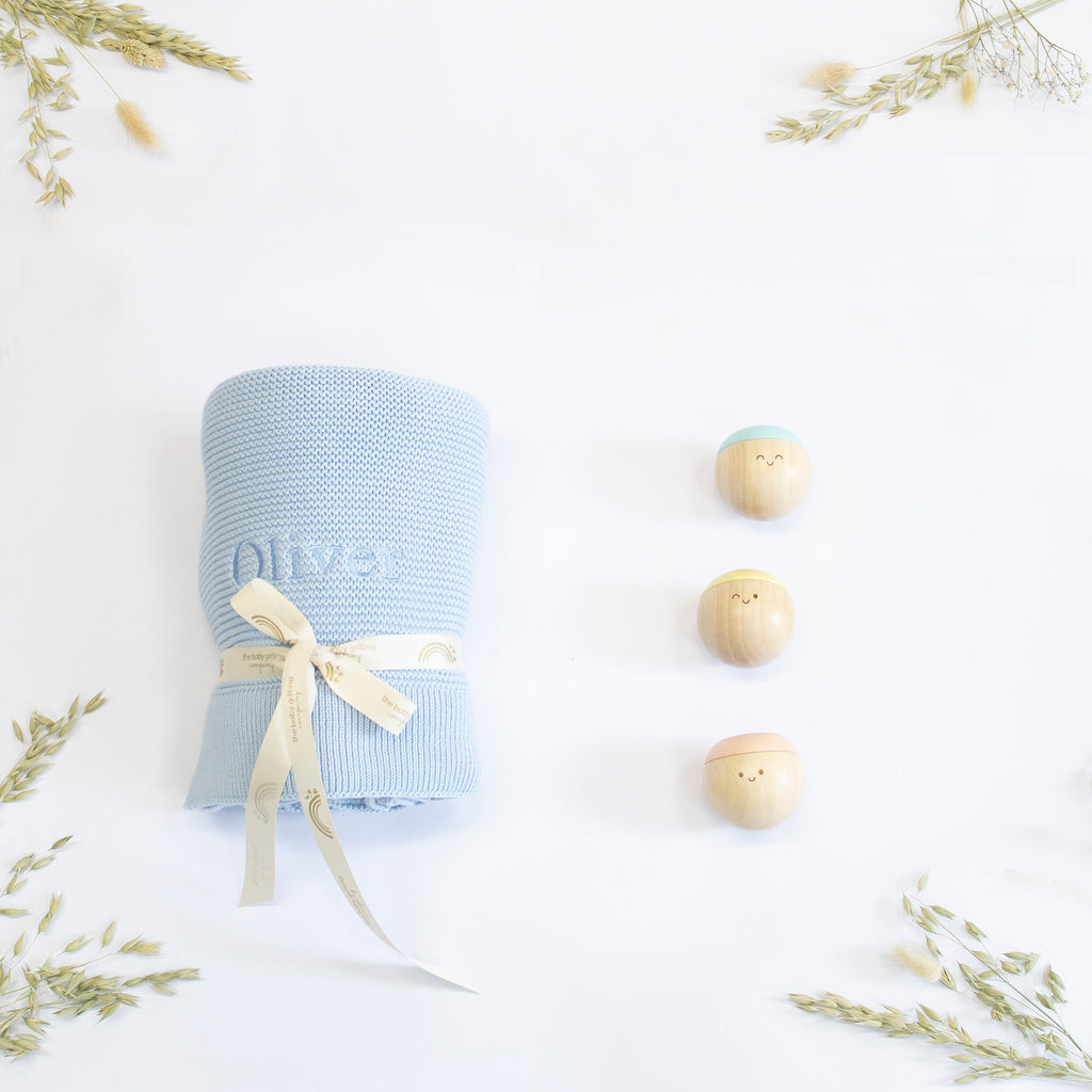 Organic Cotton Blanket and Wooden Sensory Balls Gift Set