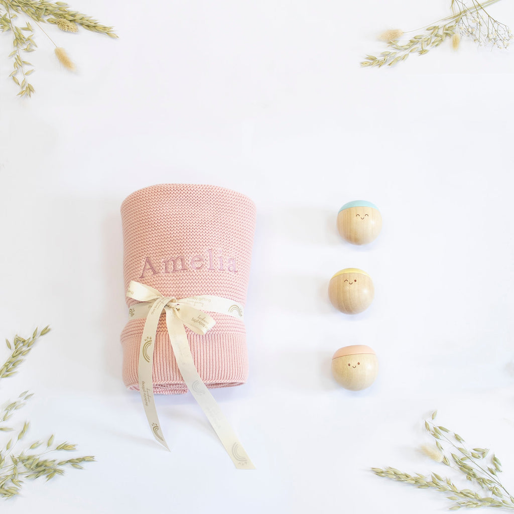Organic Cotton Blanket and Wooden Sensory Balls Gift Set