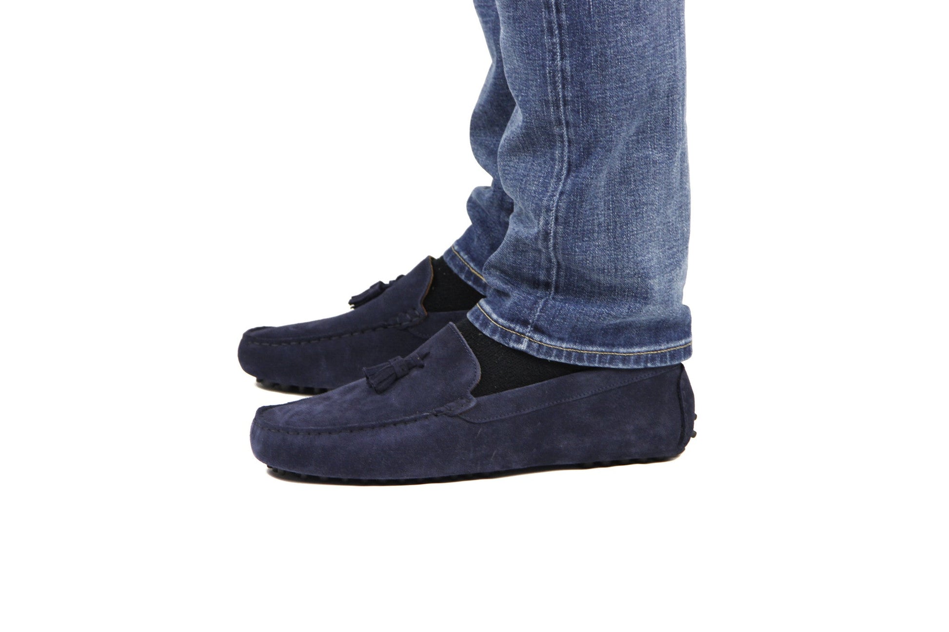 Navy Blue Suede Tasselled Driving Loafers