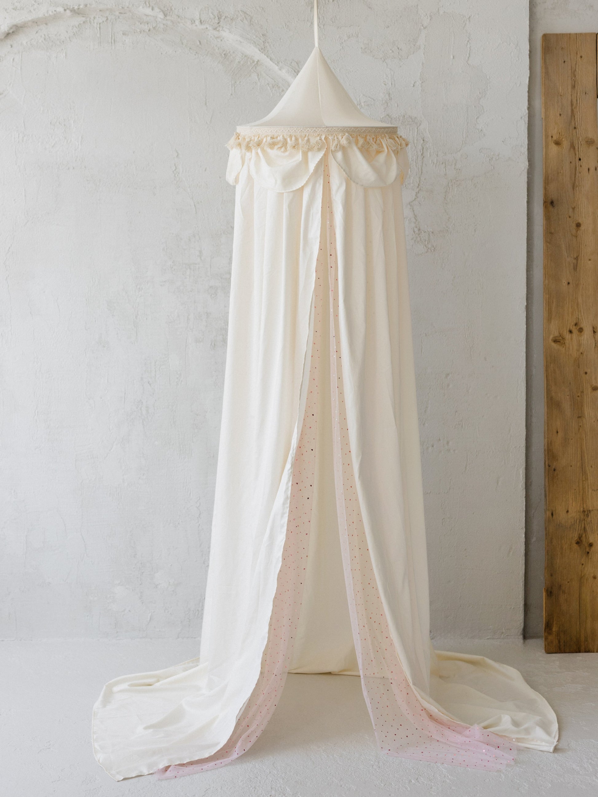 Kids Bed Canopy with Tulle and Tassels in Cream