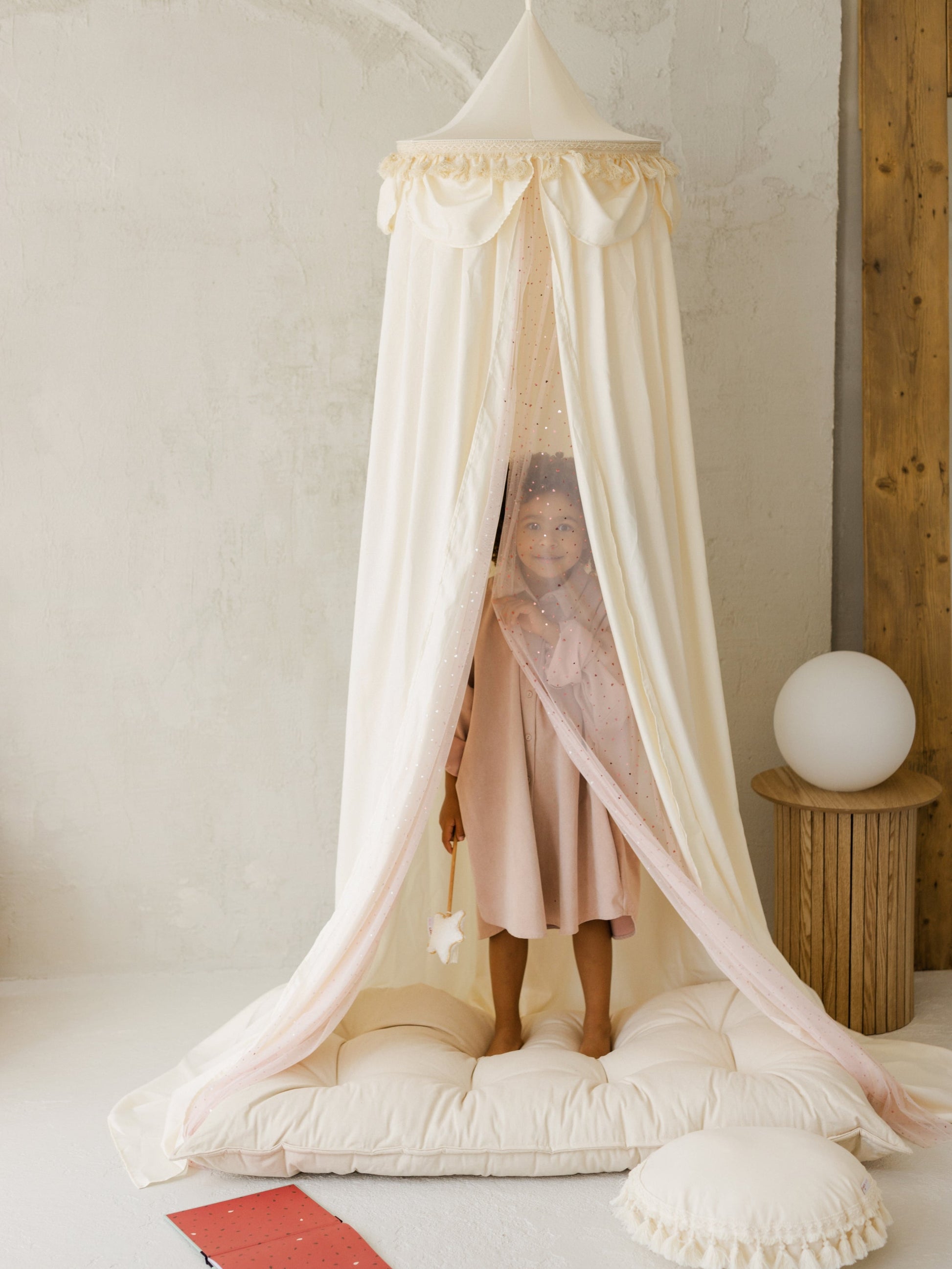 Kids Bed Canopy with Tulle and Tassels in Cream