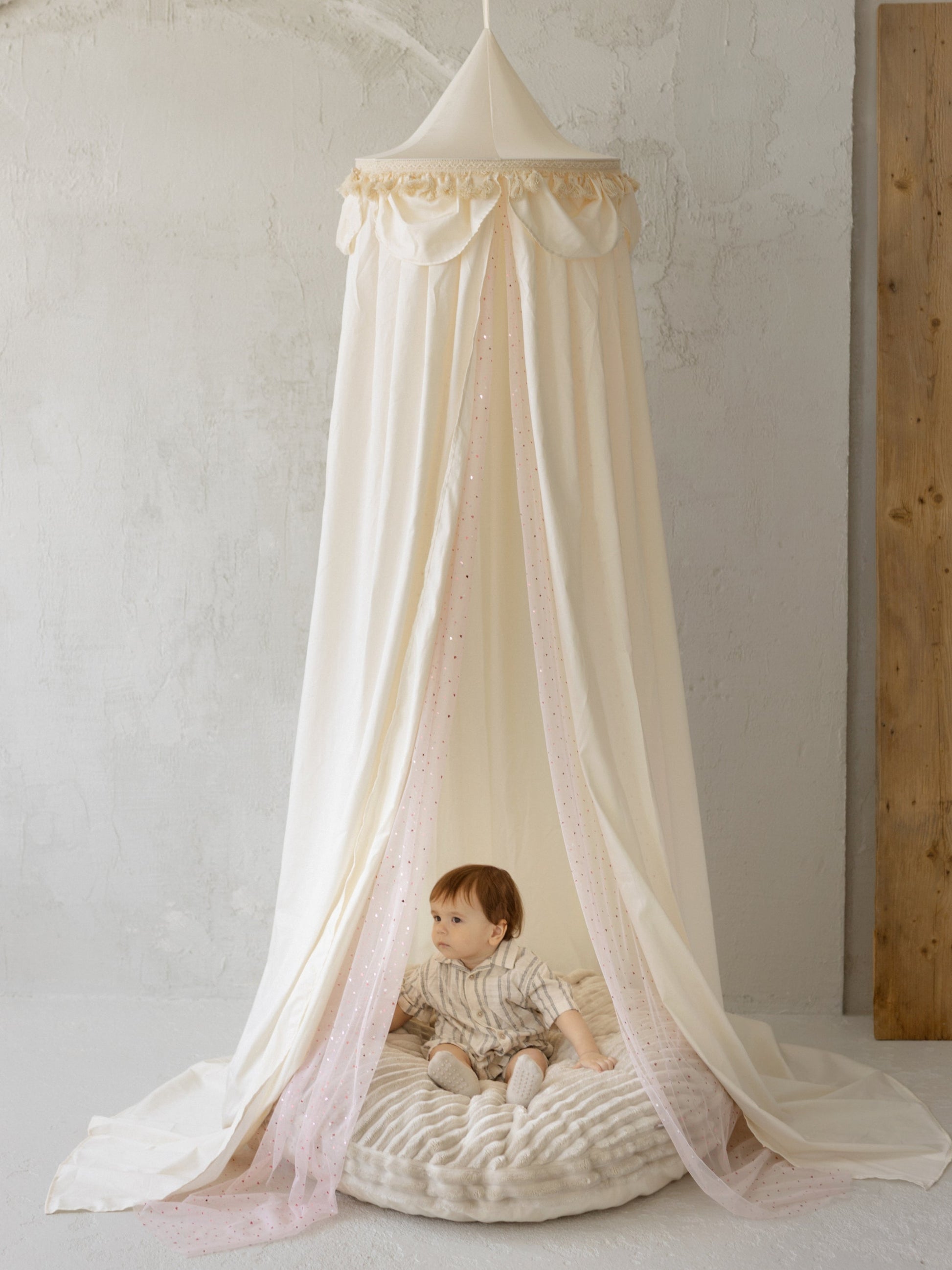Kids Bed Canopy with Tulle and Tassels in Cream