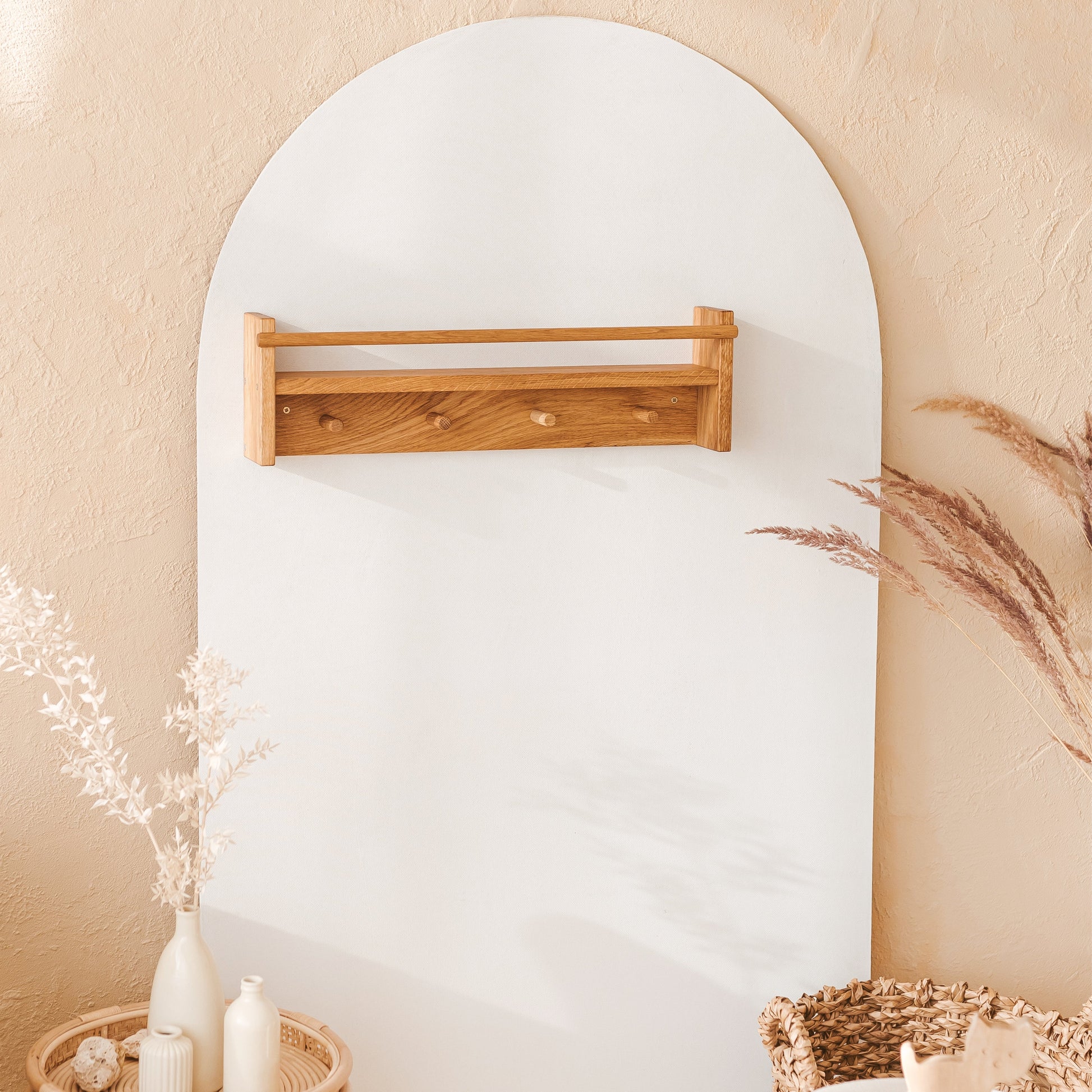 Floating Kids Bookshelf with Coat Hooks in Solid Oak