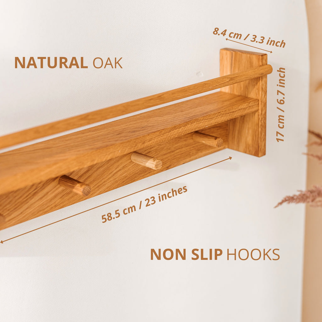 Floating Kids Bookshelf with Coat Hooks in Solid Oak